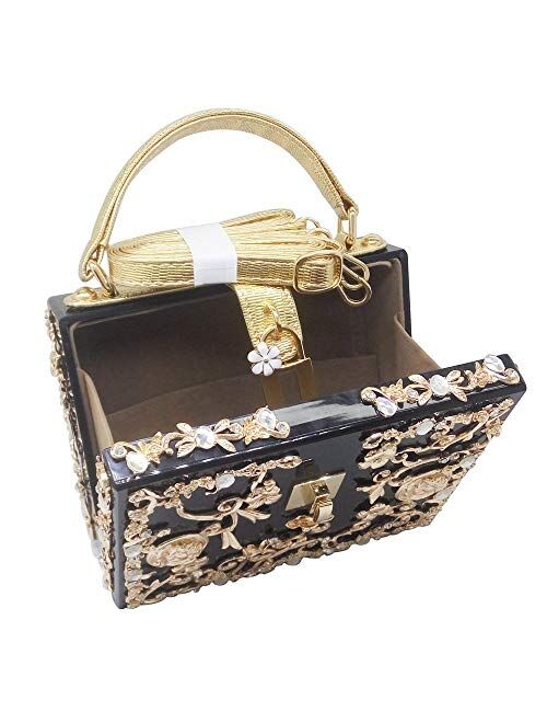 Boutique De FGG Acrylic & Flower Designer Shoulder Bags for Women Crossbody Bag Rhinestones Top-Handle Box Tote Handbags