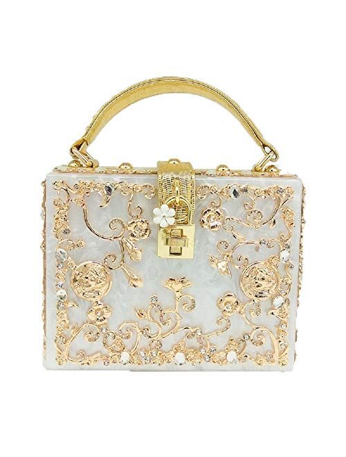 Boutique De FGG Acrylic & Flower Designer Shoulder Bags for Women Crossbody Bag Rhinestones Top-Handle Box Tote Handbags