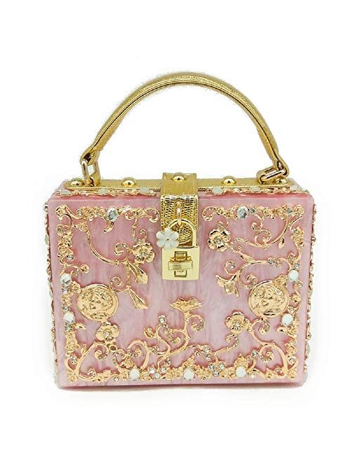 Boutique De FGG Acrylic & Flower Designer Shoulder Bags for Women Crossbody Bag Rhinestones Top-Handle Box Tote Handbags