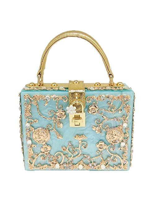 Boutique De FGG Acrylic & Flower Designer Shoulder Bags for Women Crossbody Bag Rhinestones Top-Handle Box Tote Handbags