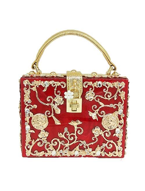 Boutique De FGG Acrylic & Flower Designer Shoulder Bags for Women Crossbody Bag Rhinestones Top-Handle Box Tote Handbags