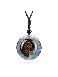 JOVIVI 7 Chakra Gemstone Reki Healing Crystal Necklace Round Circle Shape Ammonite Fossil Resin Chip Stones Pendant Necklace for Women Men Tree of Life Jewelry Christmas