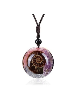 JOVIVI 7 Chakra Gemstone Reki Healing Crystal Necklace Round Circle Shape Ammonite Fossil Resin Chip Stones Pendant Necklace for Women Men Tree of Life Jewelry Christmas