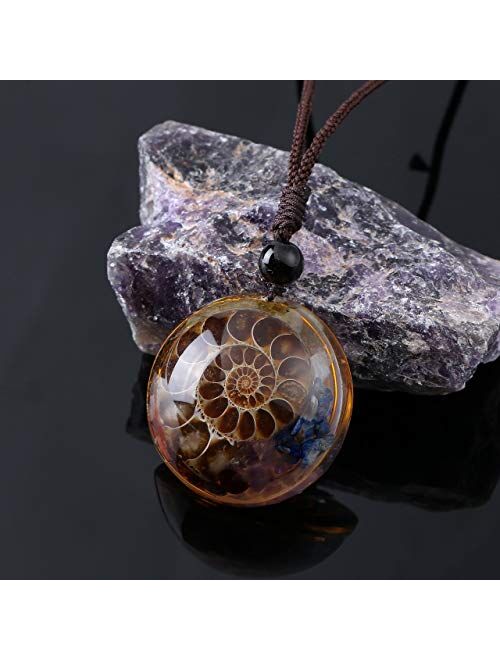 JOVIVI 7 Chakra Gemstone Reki Healing Crystal Necklace Round Circle Shape Ammonite Fossil Resin Chip Stones Pendant Necklace for Women Men Tree of Life Jewelry Christmas 