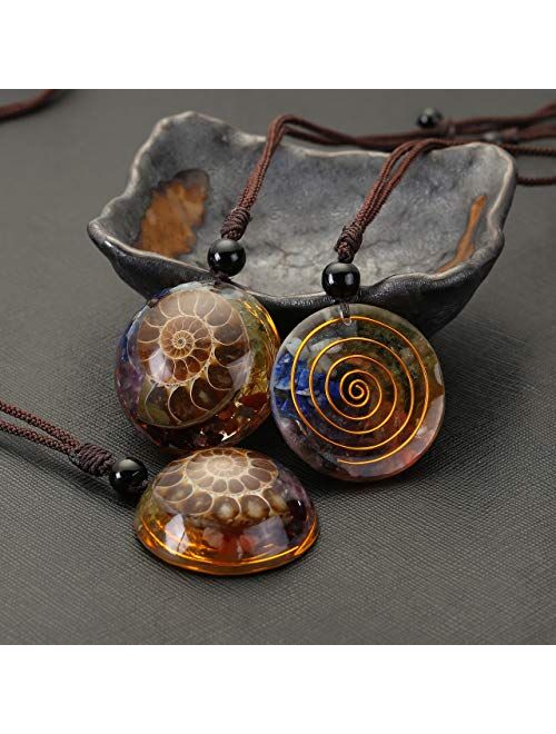 JOVIVI 7 Chakra Gemstone Reki Healing Crystal Necklace Round Circle Shape Ammonite Fossil Resin Chip Stones Pendant Necklace for Women Men Tree of Life Jewelry Christmas 