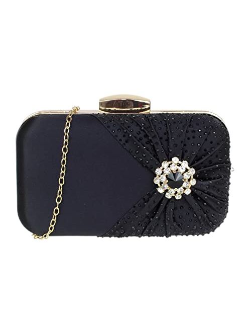 Girly Handbags Womens Satin Brooch Layer Diamante Compact Clutch Bag