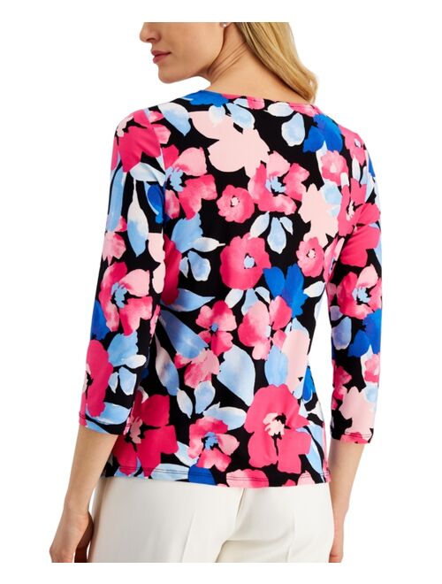 Kasper Women's Floral-Print Twist-Neck 3/4-Sleeve Top