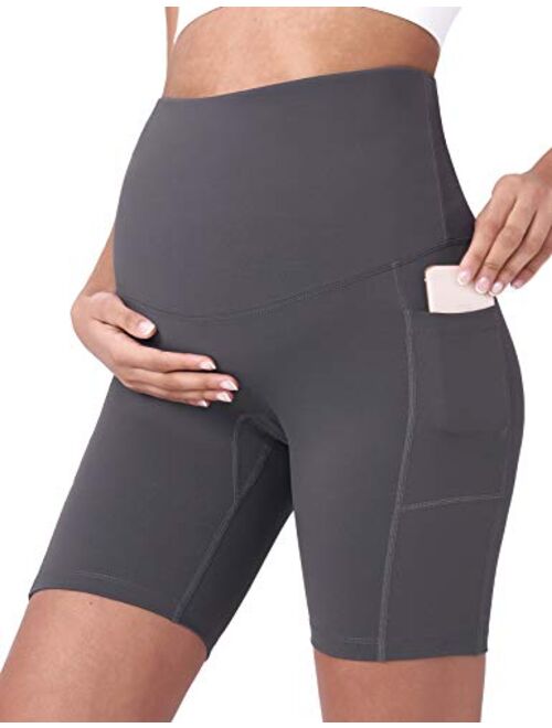 POSHDIVAH Women's Maternity Yoga Shorts Over The Belly Bump Summer Workout Running Active Short Pants with Pockets 5"/8"