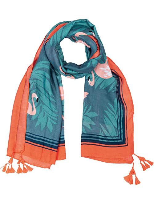 San Diego Hat Company Flamingo Palm Printed Scarf w/ Tassels At Corners