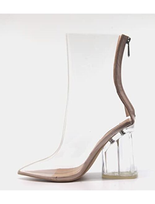 Cape Robbin Brand Cape Robbin Crystal Glaze Womens Perspex Lucite Clear Pointy Toe Chunky Heel Ankle Boots