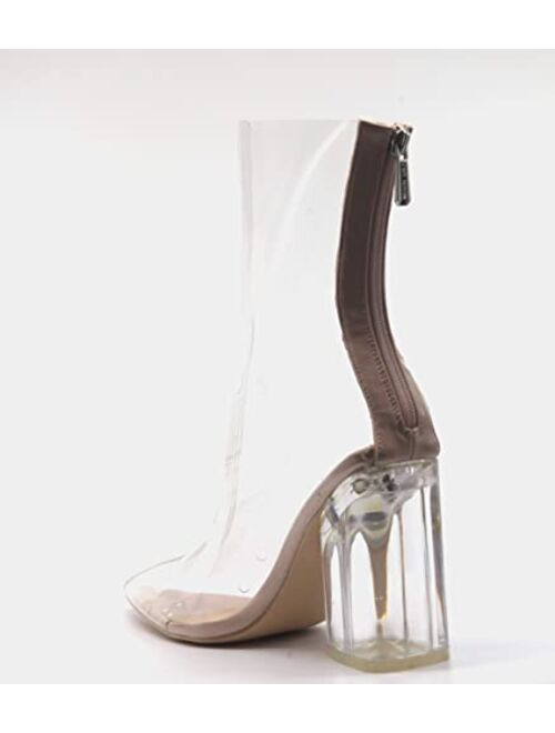 Cape Robbin Brand Cape Robbin Crystal Glaze Womens Perspex Lucite Clear Pointy Toe Chunky Heel Ankle Boots