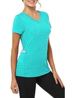 CHICHO Women's V Neck Workout Shirt with Pocket Short Sleeve Moisture Wicking Top for Running Hiking Yoga T-Shirt