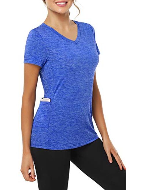 CHICHO Women's V Neck Workout Shirt with Pocket Short Sleeve Moisture Wicking Top for Running Hiking Yoga T-Shirt