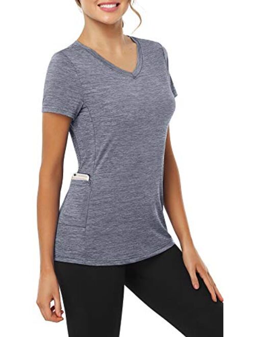 CHICHO Women's V Neck Workout Shirt with Pocket Short Sleeve Moisture Wicking Top for Running Hiking Yoga T-Shirt