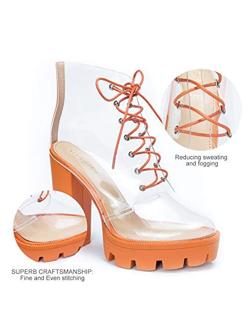 OLCHEE Women's Fashion Clear Lace Up Ankle Boots - Transparent TPU Platform Block High Heels