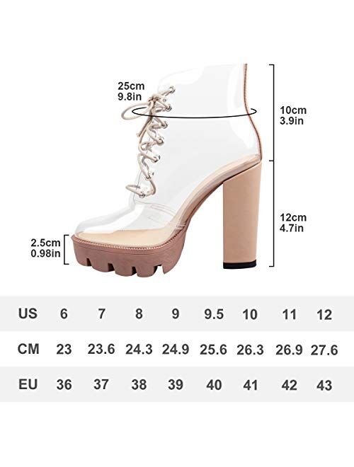 OLCHEE Women's Fashion Clear Lace Up Ankle Boots - Transparent TPU Platform Block High Heels