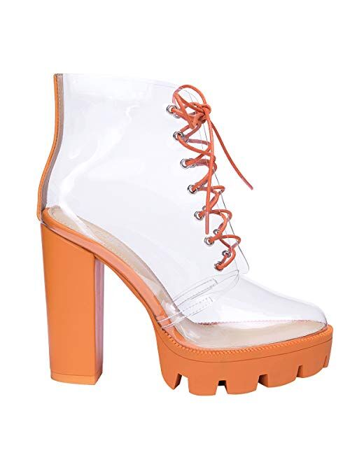 OLCHEE Women's Fashion Clear Lace Up Ankle Boots - Transparent TPU Platform Block High Heels