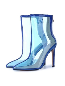 SHEMEE Women's Stiletto High Heels PVC Clear Transparent Ankle Boots Pointed Toe Thin Heeled Back Zip Booties Shoes