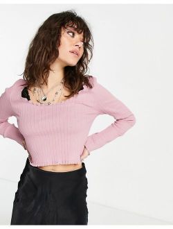 Petite Topshop frill edge ribbed pointelle top in pink
