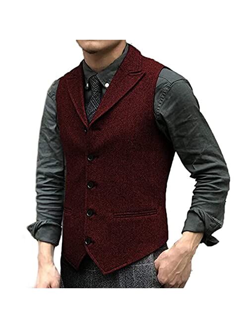 Generic Mens Wool Suit Vest Slim Fit Lapel Tweed Groomsmen Waistcoat for Business Casual (Color : Black, Size : 3X-Large)