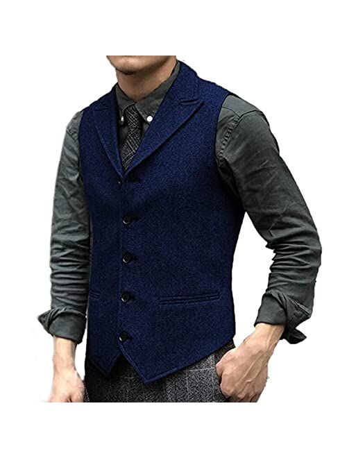 Generic Mens Wool Suit Vest Slim Fit Lapel Tweed Groomsmen Waistcoat for Business Casual (Color : Black, Size : 3X-Large)