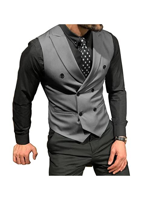 Generic Groomsmen Double Breasted Peak Lapel Dress Vest Men's Formal Casual Suit Tank Top for Tuxedo Blazer for Graduation XS-3XL (Color : Navy, Size : X-Large)