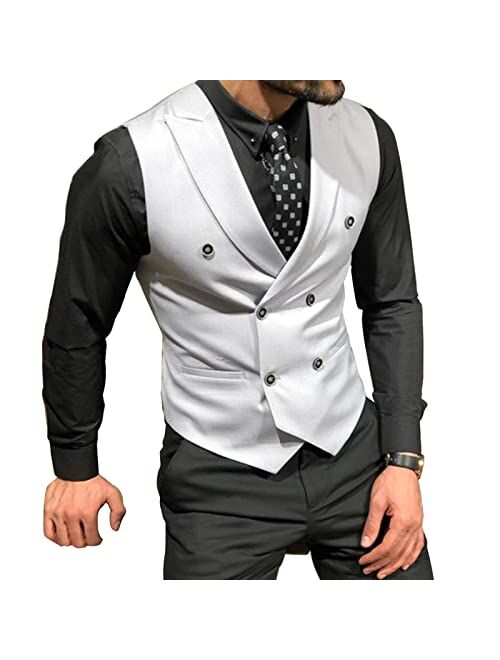 Generic Groomsmen Double Breasted Peak Lapel Dress Vest Men's Formal Casual Suit Tank Top for Tuxedo Blazer for Graduation XS-3XL (Color : Navy, Size : X-Large)