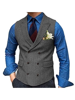 Generic Mens Double Breasted Herringbone Waistcoat with 2 Real Pockets and 1 Chest Pocket Formal Groomman Lapel Suit Vest for Tuxedo (Color : Coffee, Size : 4X-Large)