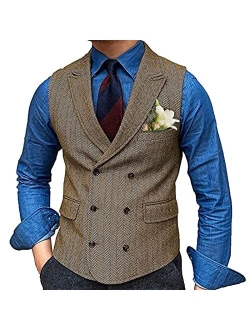 Generic Mens Double Breasted Herringbone Waistcoat with 2 Real Pockets and 1 Chest Pocket Formal Groomman Lapel Suit Vest for Tuxedo (Color : Coffee, Size : 4X-Large)