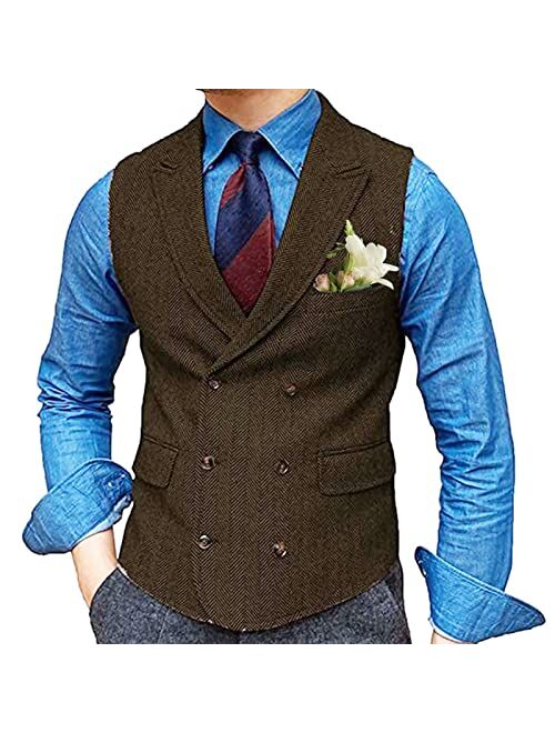 Generic Mens Double Breasted Herringbone Waistcoat with 2 Real Pockets and 1 Chest Pocket Formal Groomman Lapel Suit Vest for Tuxedo (Color : Coffee, Size : 4X-Large)