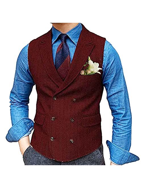 Generic Mens Double Breasted Herringbone Waistcoat with 2 Real Pockets and 1 Chest Pocket Formal Groomman Lapel Suit Vest for Tuxedo (Color : Coffee, Size : 4X-Large)