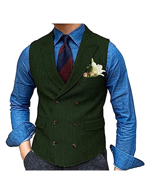 Generic Mens Double Breasted Herringbone Waistcoat with 2 Real Pockets and 1 Chest Pocket Formal Groomman Lapel Suit Vest for Tuxedo (Color : Coffee, Size : 4X-Large)