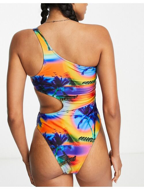 COLLUSION palm print cut out one shoulder swimsuit in multi - MULTI