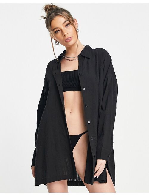 Topshop textured stripe oversize beach shirt in black