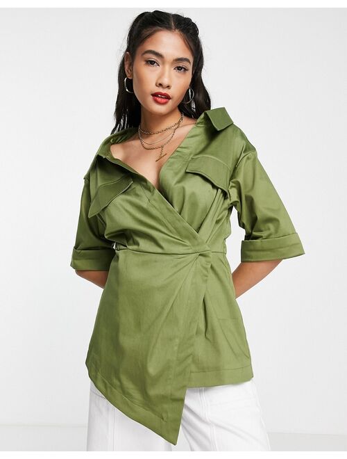 Topshop premium utility wrap shirt in green