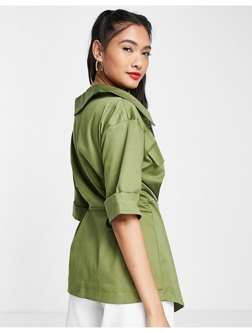 Topshop premium utility wrap shirt in green