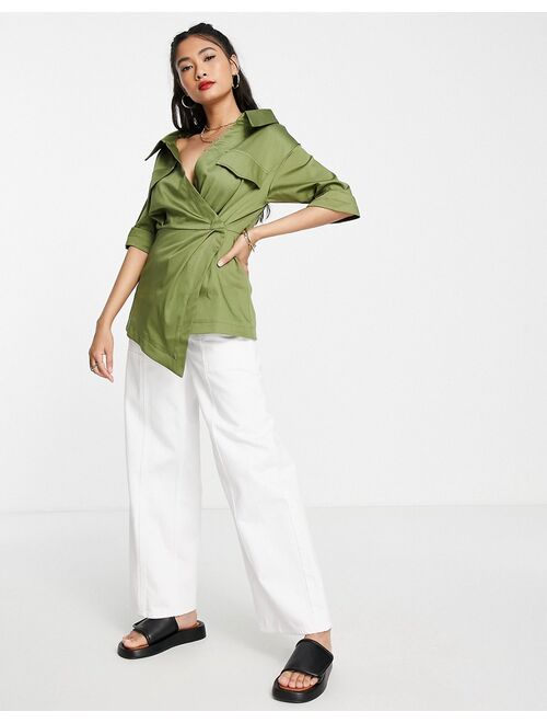 Topshop premium utility wrap shirt in green