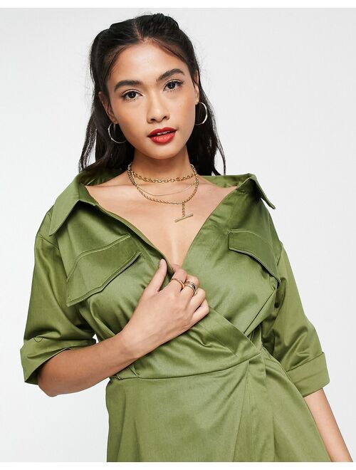 Topshop premium utility wrap shirt in green