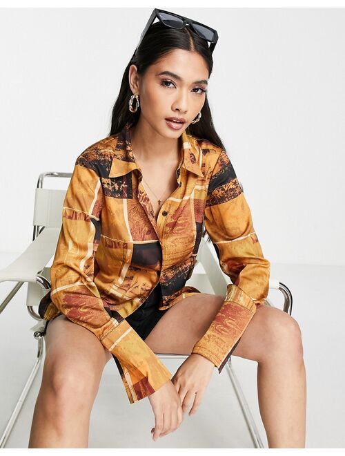 Topshop slim fit scenic print satin shirt in brown