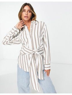 premium oversized knot front stripe shirt in chocolate