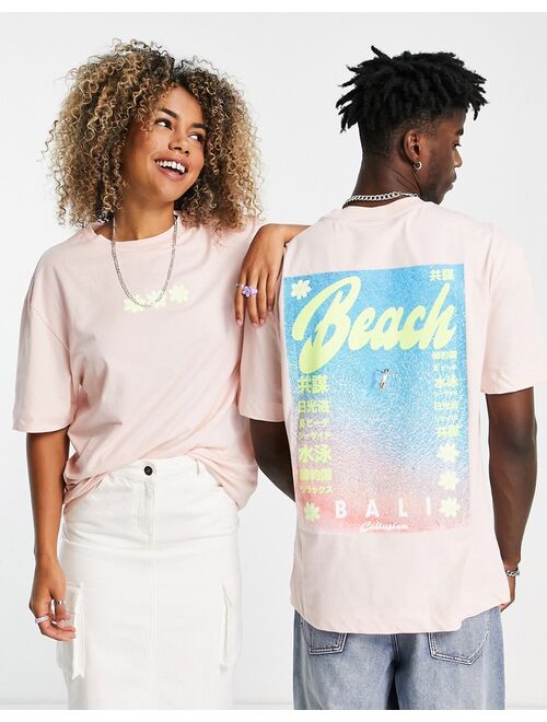 COLLUSION Unisex T-shirt with beach print in light pink