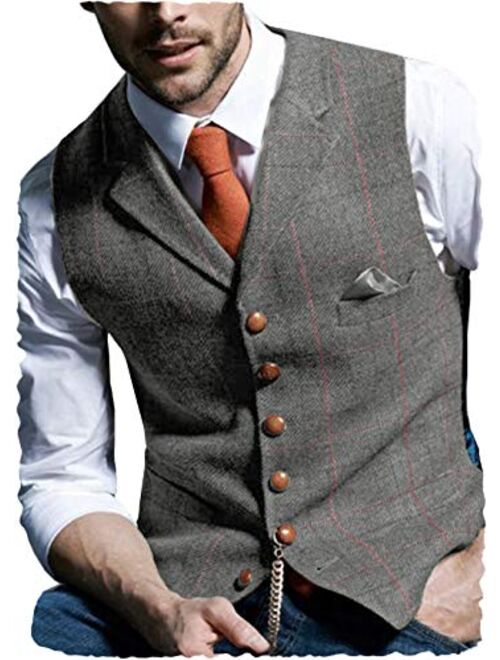 Aesido Casual Men's Vest for Wedding Plaid Soft Wool Tweed Waistcoat for Groosmen Best Man