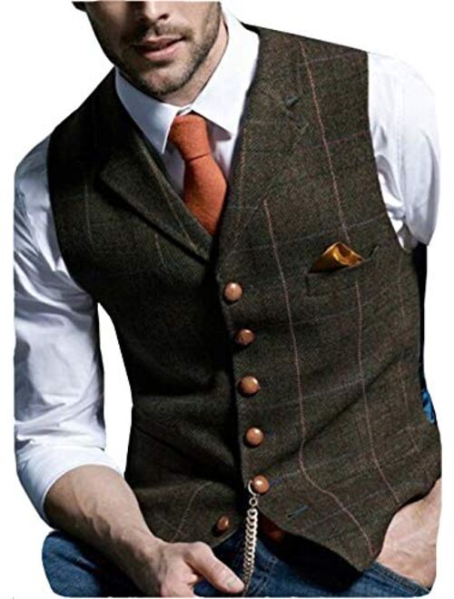 Aesido Casual Men's Vest for Wedding Plaid Soft Wool Tweed Waistcoat for Groosmen Best Man