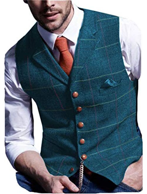 Aesido Casual Men's Vest for Wedding Plaid Soft Wool Tweed Waistcoat for Groosmen Best Man