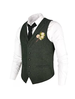 Generic Tweed Herringbone Suit Dress Vest for Men, Lapel 5 Button Formal Casual Jacket Waistcoat Top for Business Banquet (Color : Green, Size : Medium)