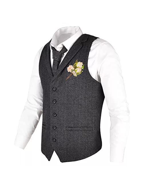 Generic Tweed Herringbone Suit Dress Vest for Men, Lapel 5 Button Formal Casual Jacket Waistcoat Top for Business Banquet (Color : Green, Size : Medium)