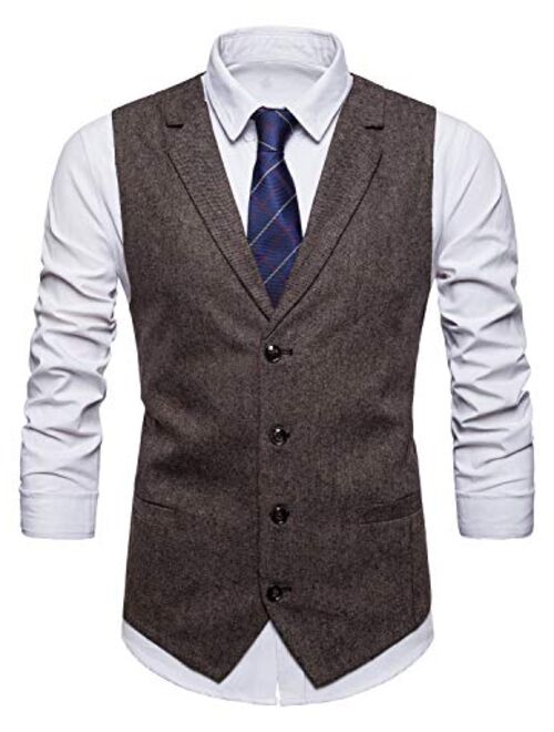 STTLZMC Mens Casual Dress Vests 4 Button Tailored Collar Tweed Suit Waistcoat