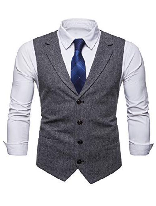 STTLZMC Mens Casual Dress Vests 4 Button Tailored Collar Tweed Suit Waistcoat