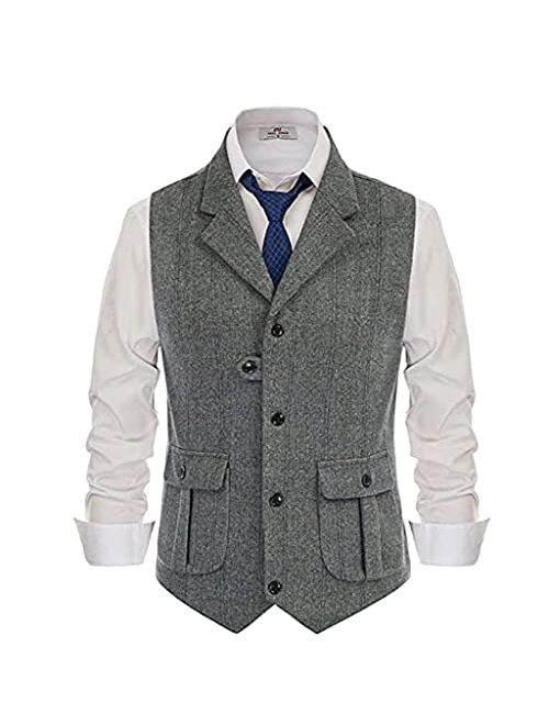 Generic LIUZH Mens Suit Vest Lapel Striped/Latticed Wool Tweed Blended Herringbone Silm Fit for Formal Casual Men's Vest Clothing (Color : C, Size : XS Code)