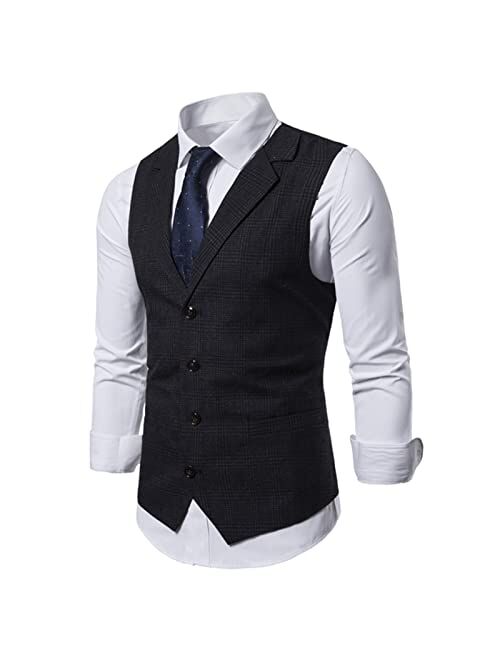 Generic Suit Vest, Slim Fit Plaid V Neck Lapel Waistcoat with 5 Buttons Fashion Casual Vest Tank Top for Jacket Tuxedo (Color : Gray, Size : Medium)